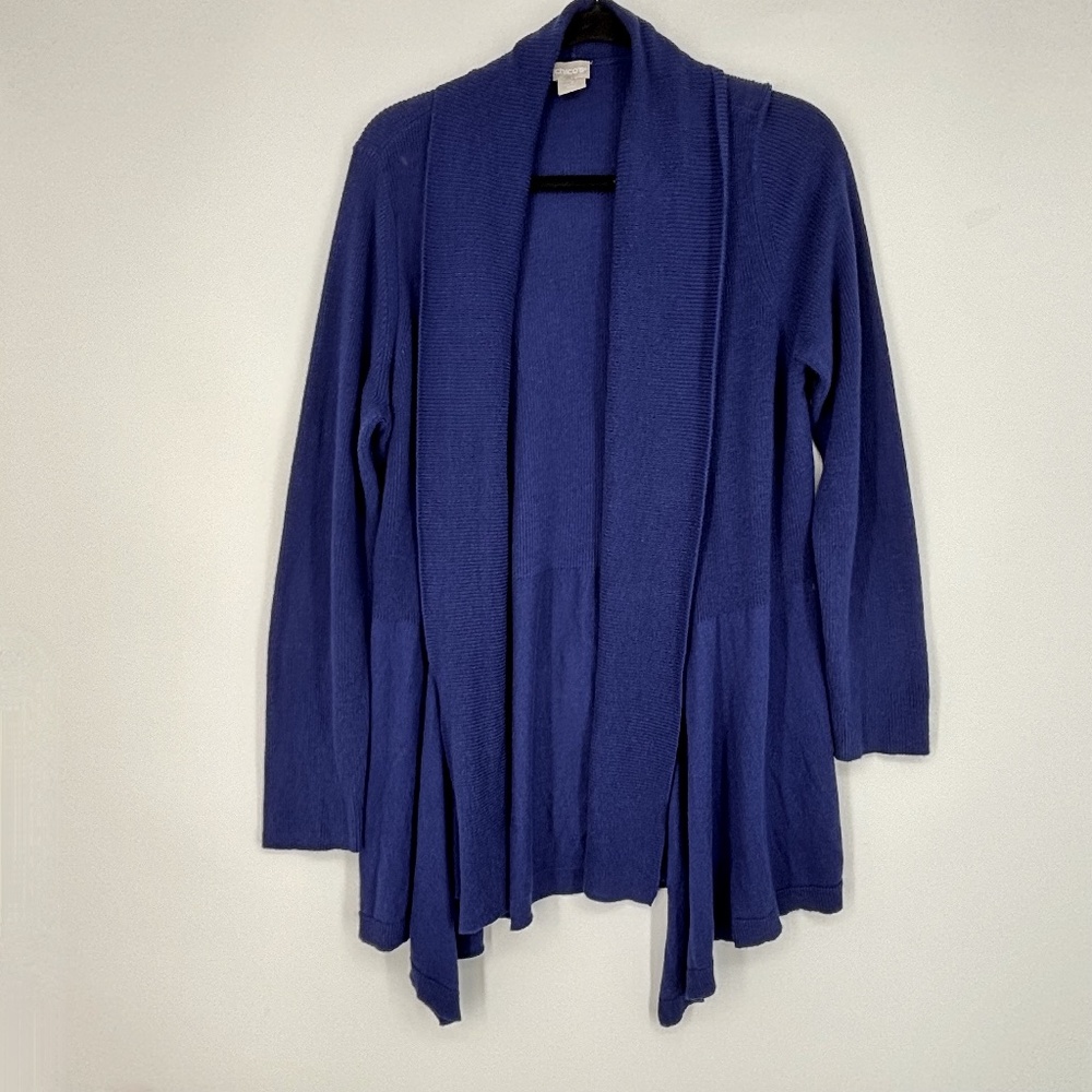 Chico's Size 2 Womens Large Open Front Cardigan Sweater Navy Blue Rib Knit LS